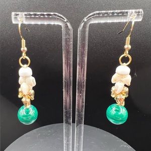 Niihau Momi Pikake Shell & 14K Gold Shell Earrings with Malachite Stone Drops